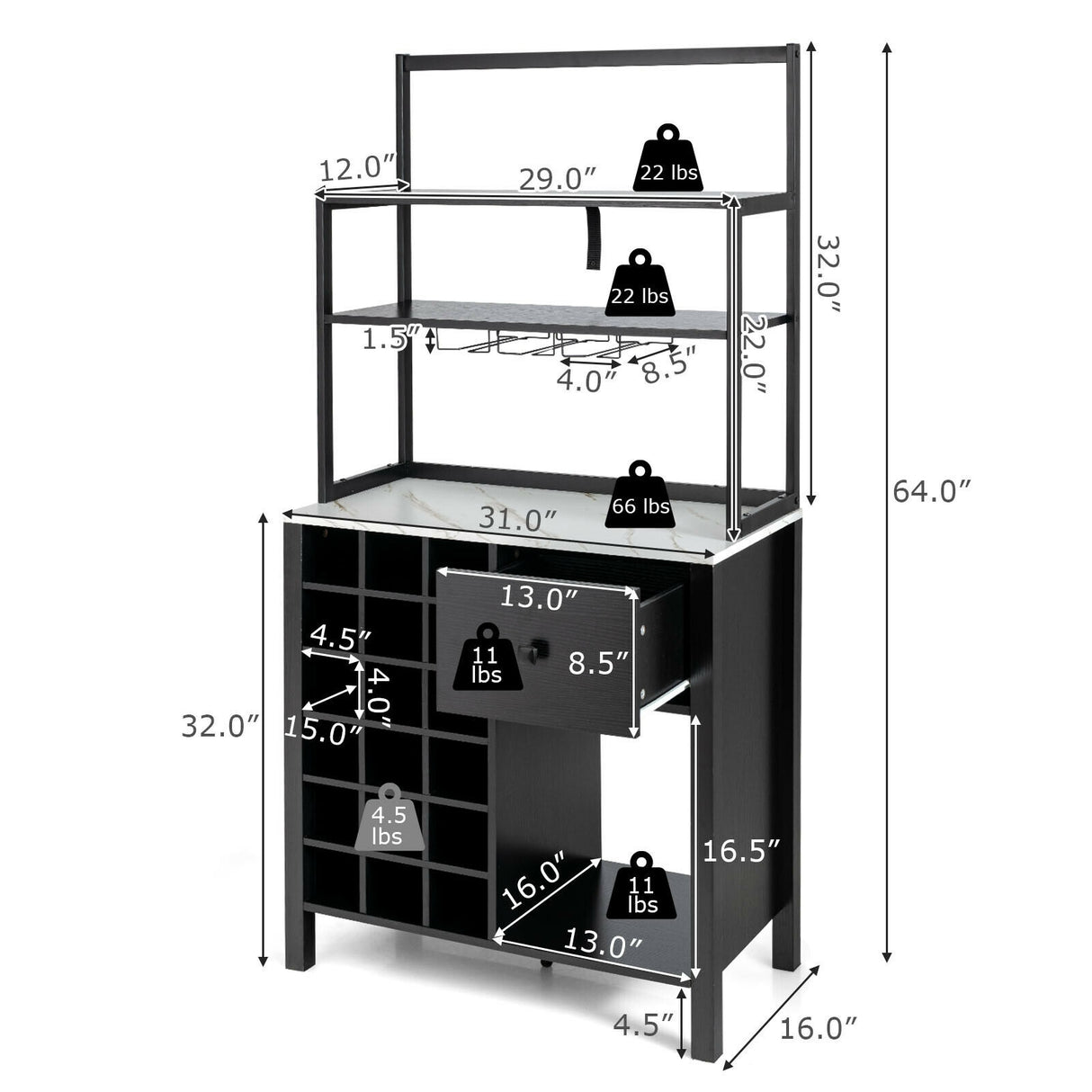 Kitchen Bakers Rack Freestanding Wine Rack Table with Glass Holder and Drawer