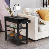 Side End Table with Drawer and 2-Tier Open Storage Shelves for Space Saving
