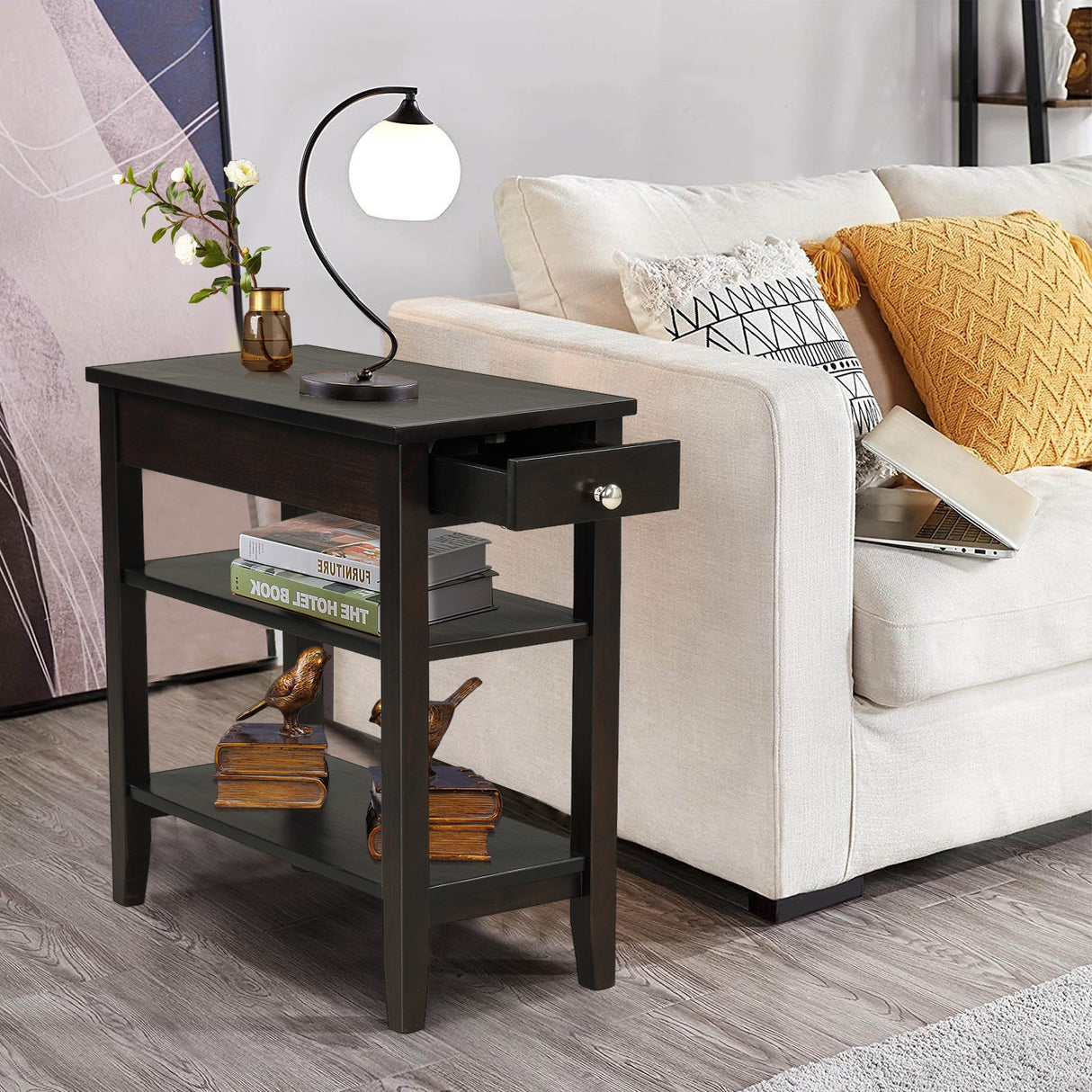 Side End Table with Drawer and 2-Tier Open Storage Shelves for Space Saving