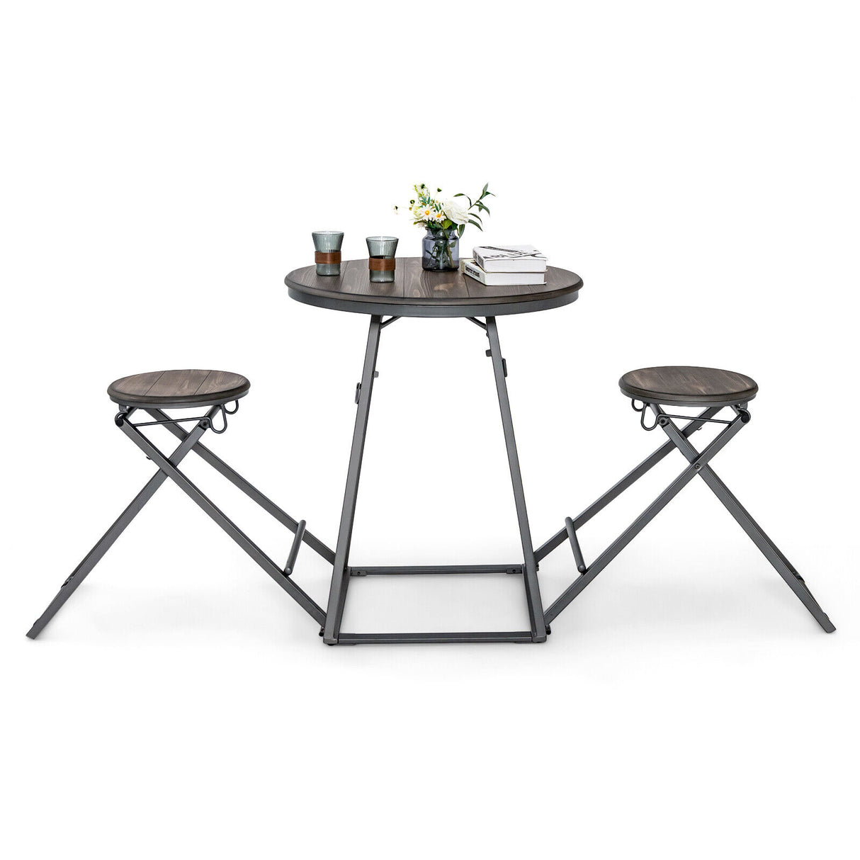 3 Pieces Dining Table Set with 2 Foldable Stools for Small Space-Gray