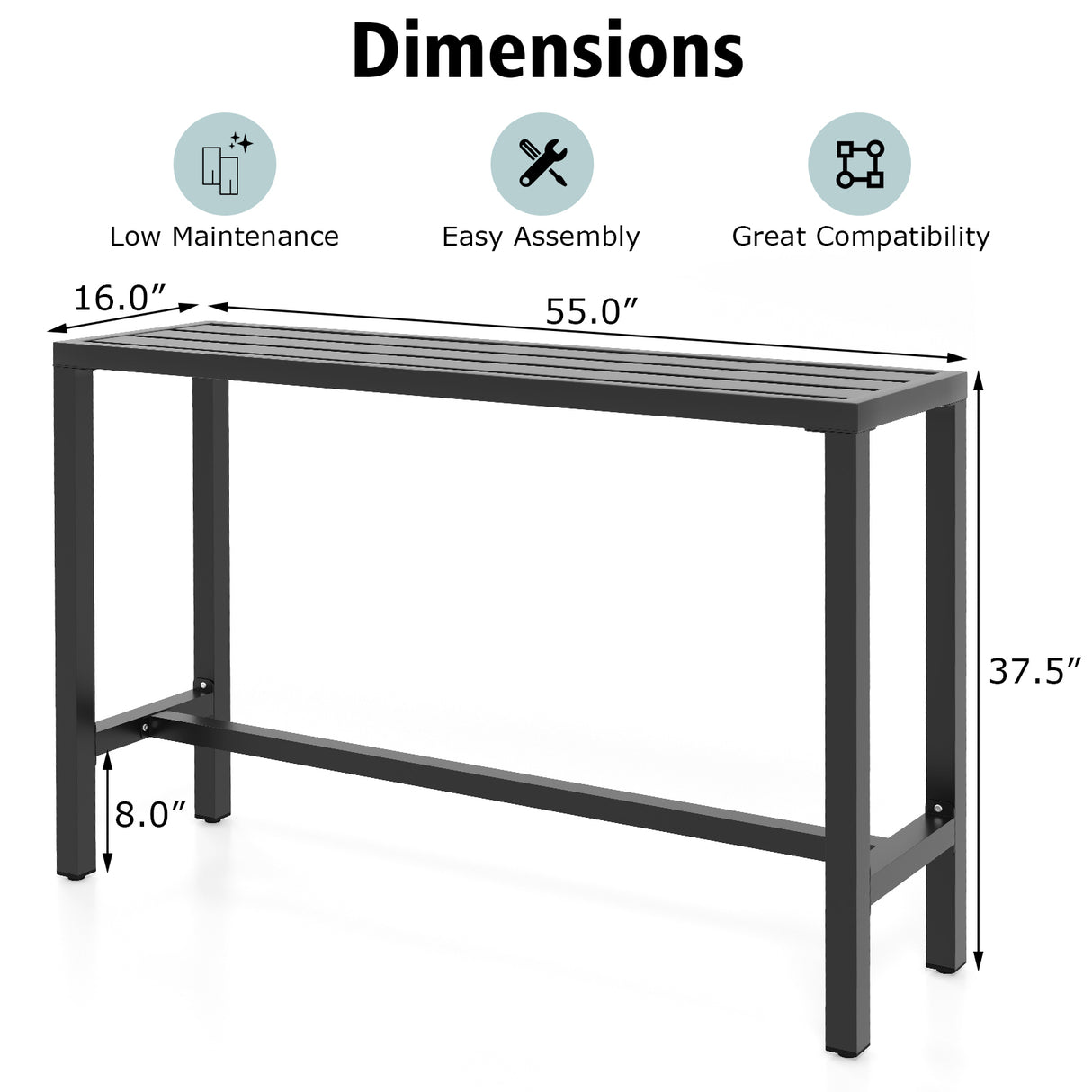48/55 Inch Outdoor Bar Table with Waterproof Top and Heavy-duty Metal Frame