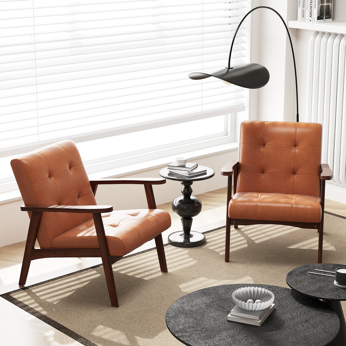 Mid Century Modern Accent Chair with Solid Rubber Wood Frame and Leather Cover
