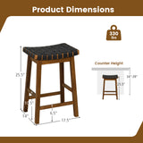 Faux PU Leather Bar Height Stools Set of 2 with Woven Curved Seat-25 Inches