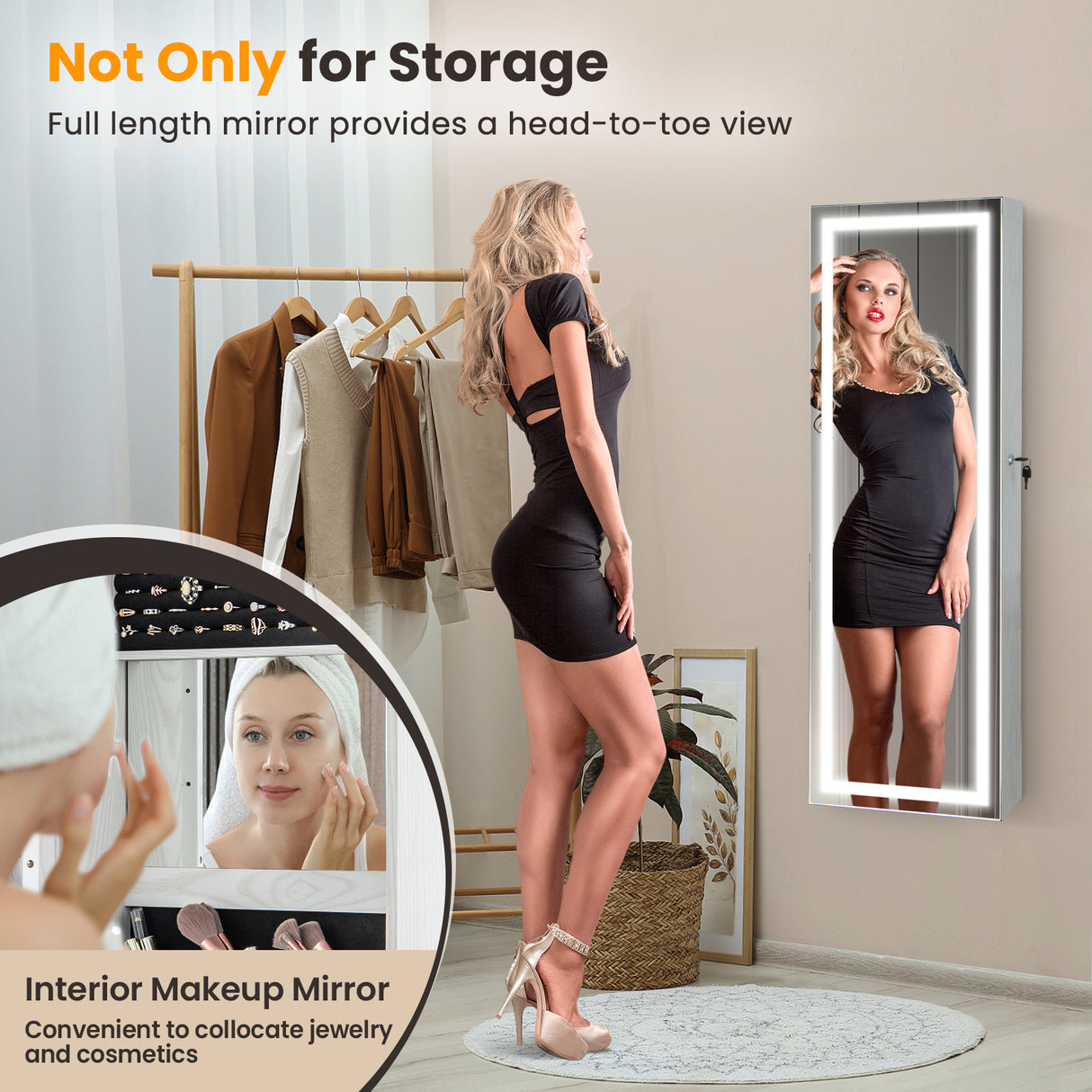 Mirrored Jewelry Armoire with Full Length Mirror and 2 Internal LED Lights