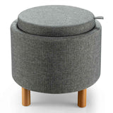 Round Fabric Storage Ottoman with Tray and Non-Slip Pads for Bedroom
