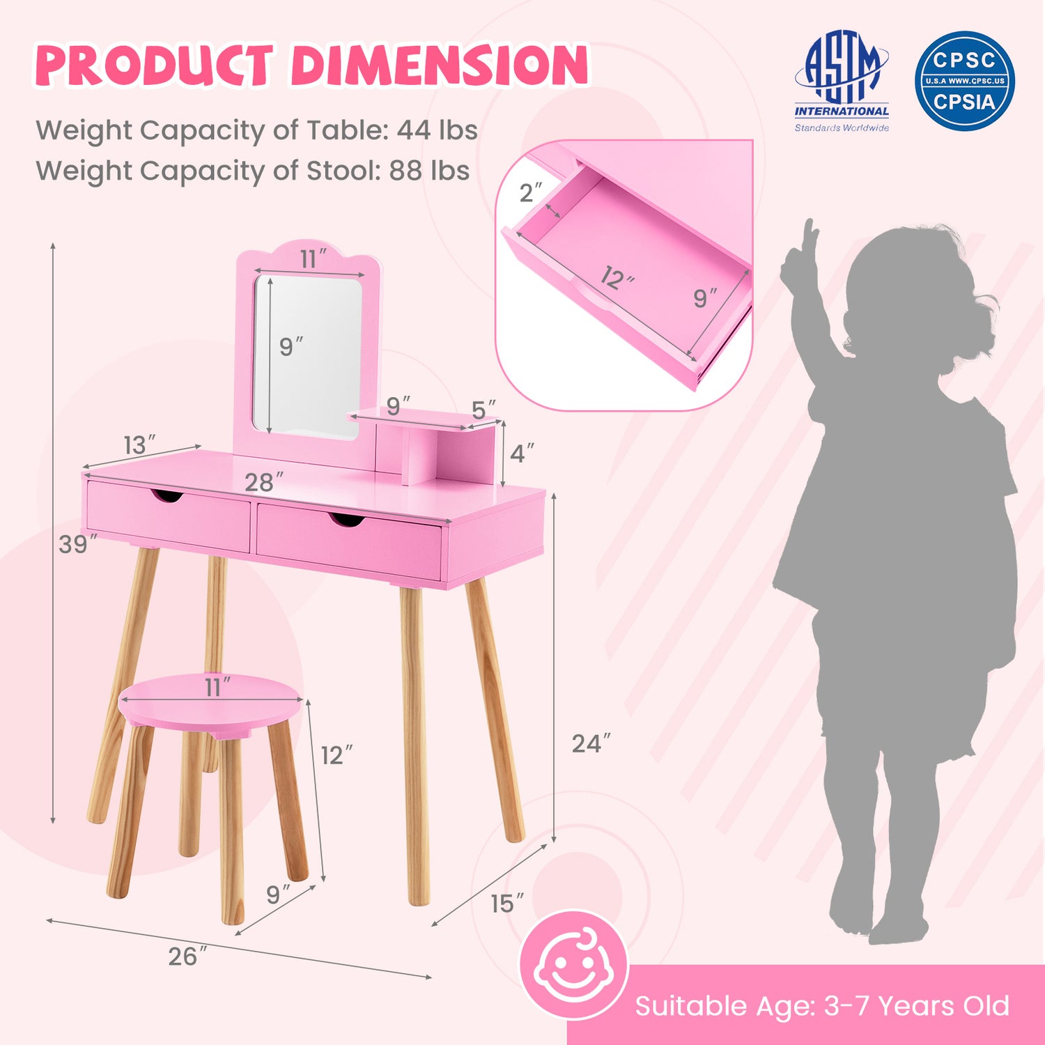 Kid Vanity Table Chair Set with Mirror and 2 Large Storage Drawers