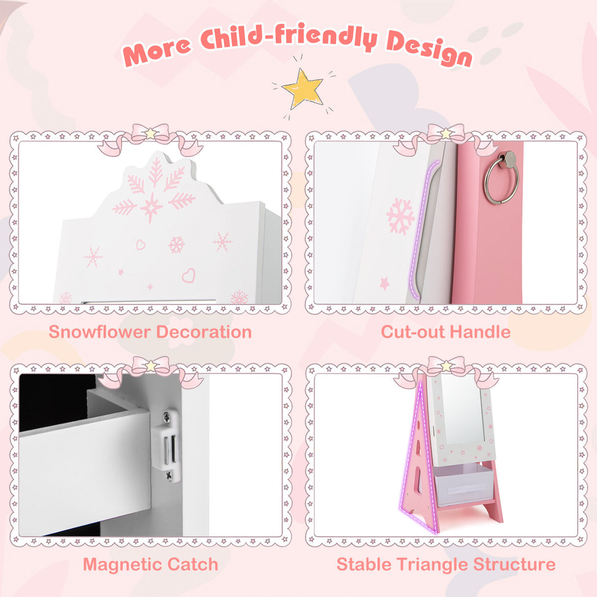 Kids Jewelry Cabinet with Full-Length Mirror and Foldable Drawer-White