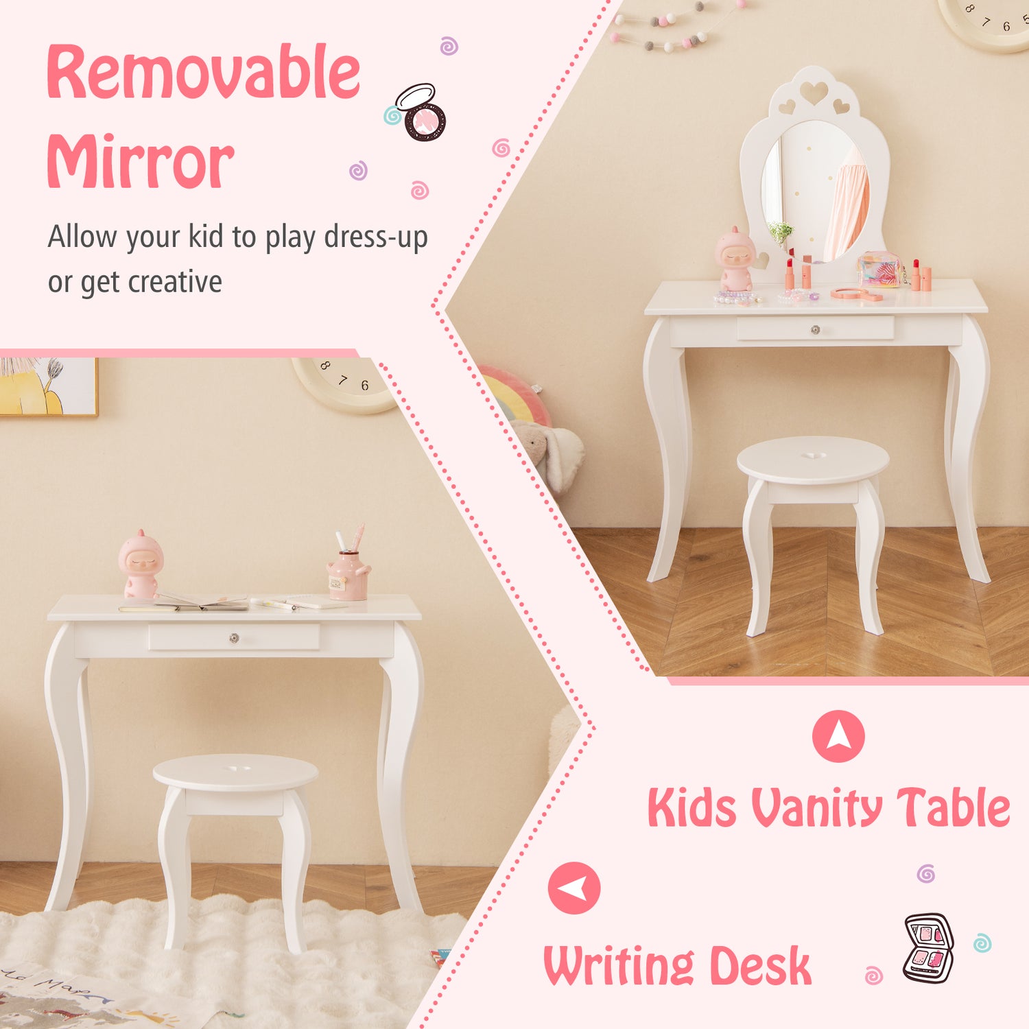 Kids Princess Makeup Dressing Play Table Set with Mirror
