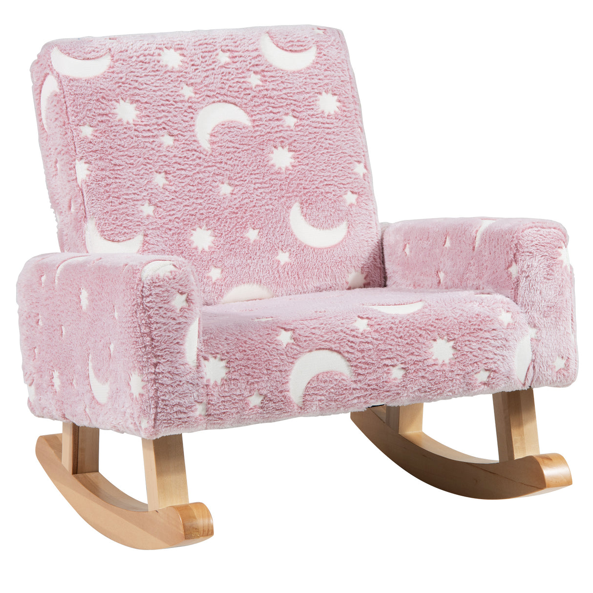Kids Rocking Chair Upholstered Flannel Children Rocker with Solid Poplar Wood Rocking Feet