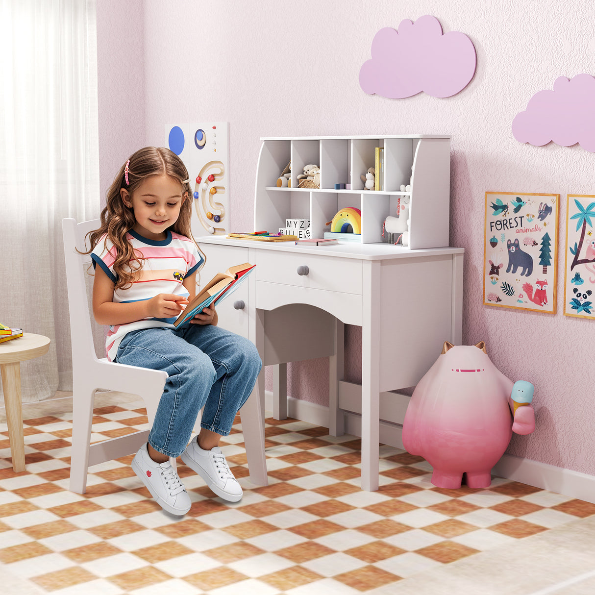 Kids Study Desk and Chair Set with Chair Hutch and Storage Cabinet for 3+ Years Old