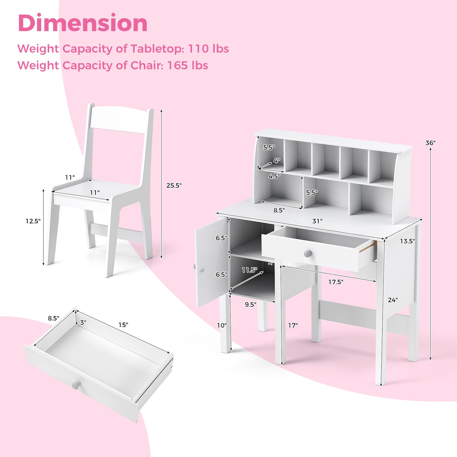 Kids Study Desk and Chair Set with Chair Hutch and Storage Cabinet for 3+ Years Old