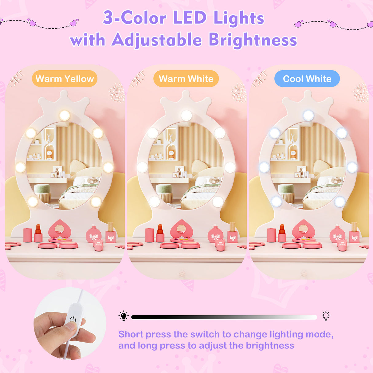 Kids Vanity Set with Lighted Mirror with Adjustable Brightness and Large Drawer