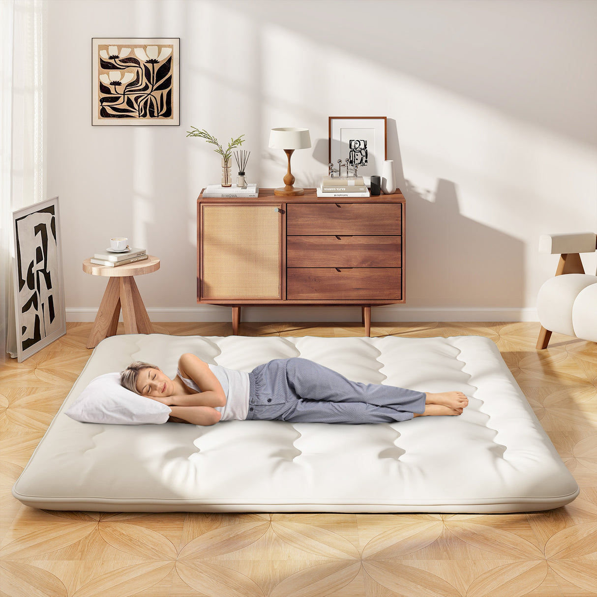 Queen/King/Twin/Full Futon Mattress Floor Sleeping Pad with Washable Cover Beige
