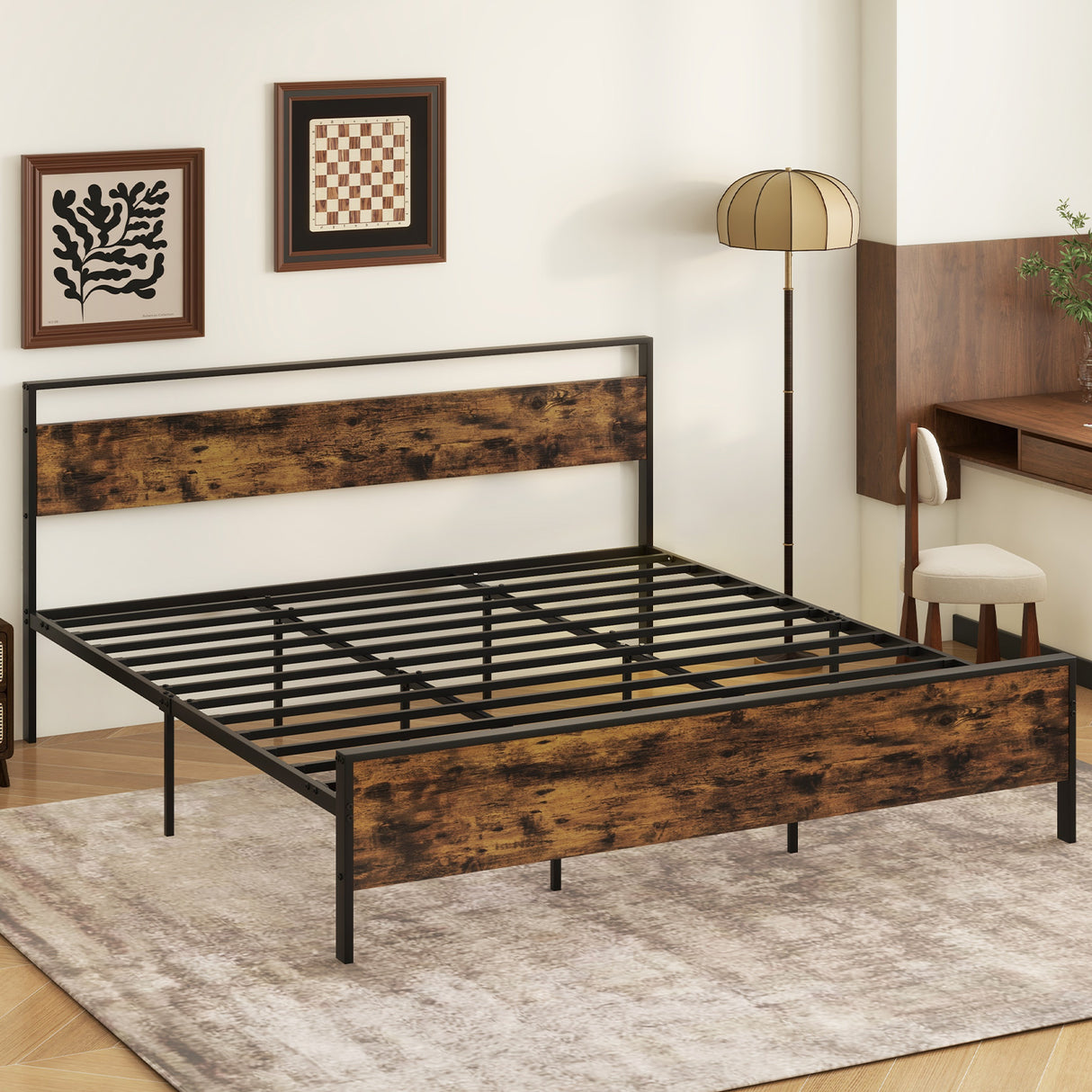 Twin Metal Bed Frame Industrial Platform Bed with Wooden Headboard