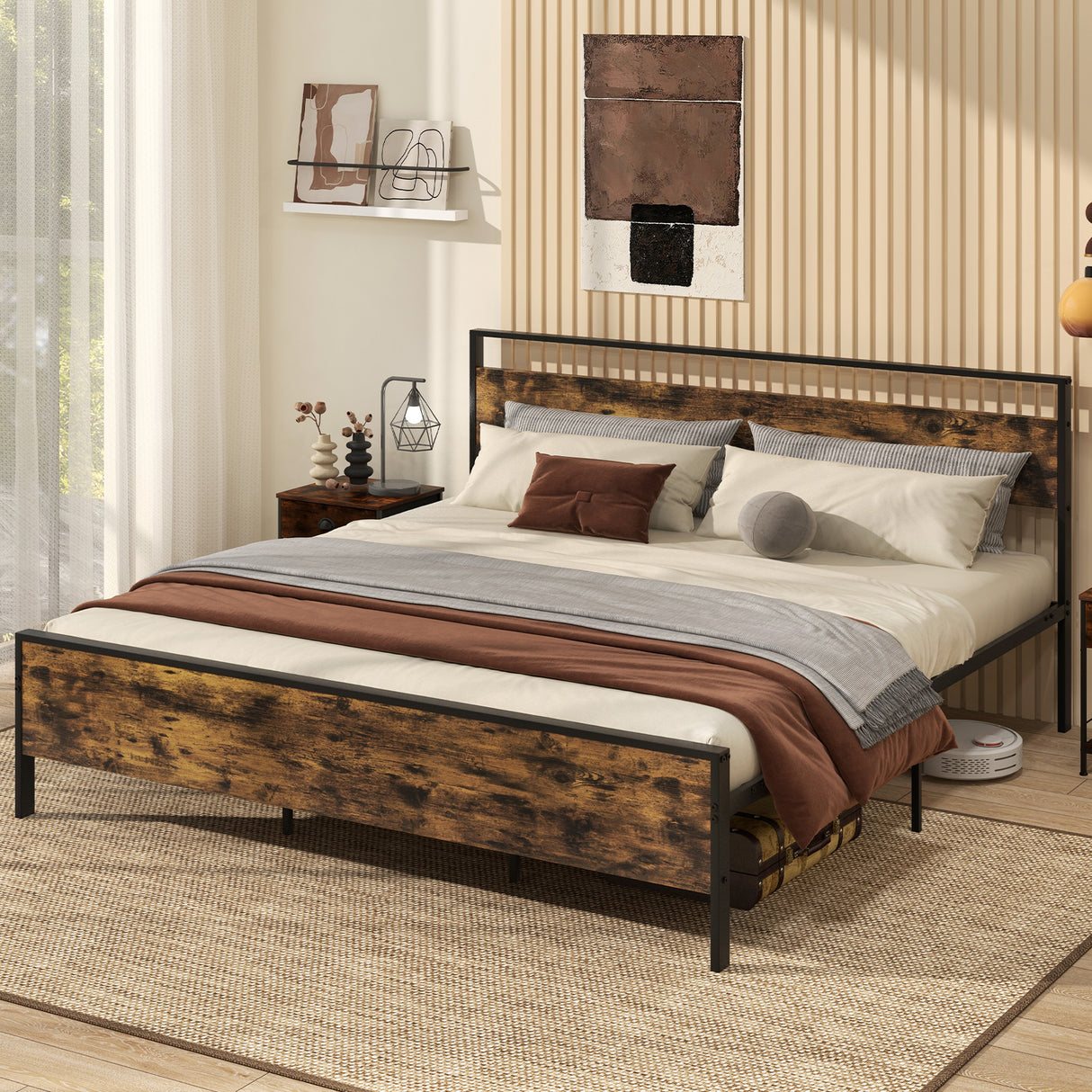 Twin Metal Bed Frame Industrial Platform Bed with Wooden Headboard