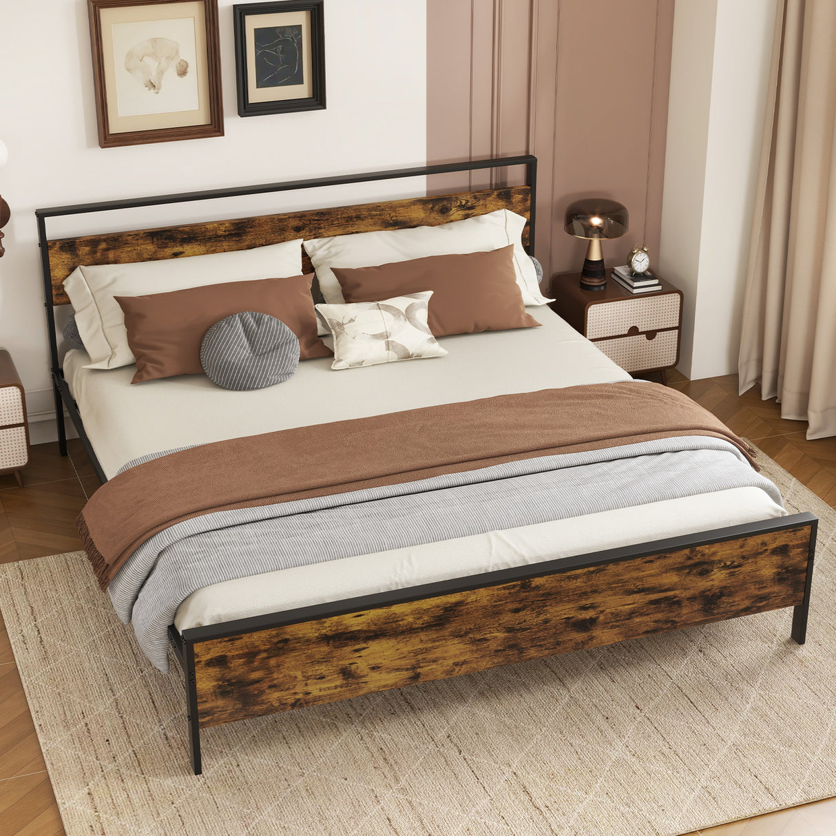 Twin Metal Bed Frame Industrial Platform Bed with Wooden Headboard