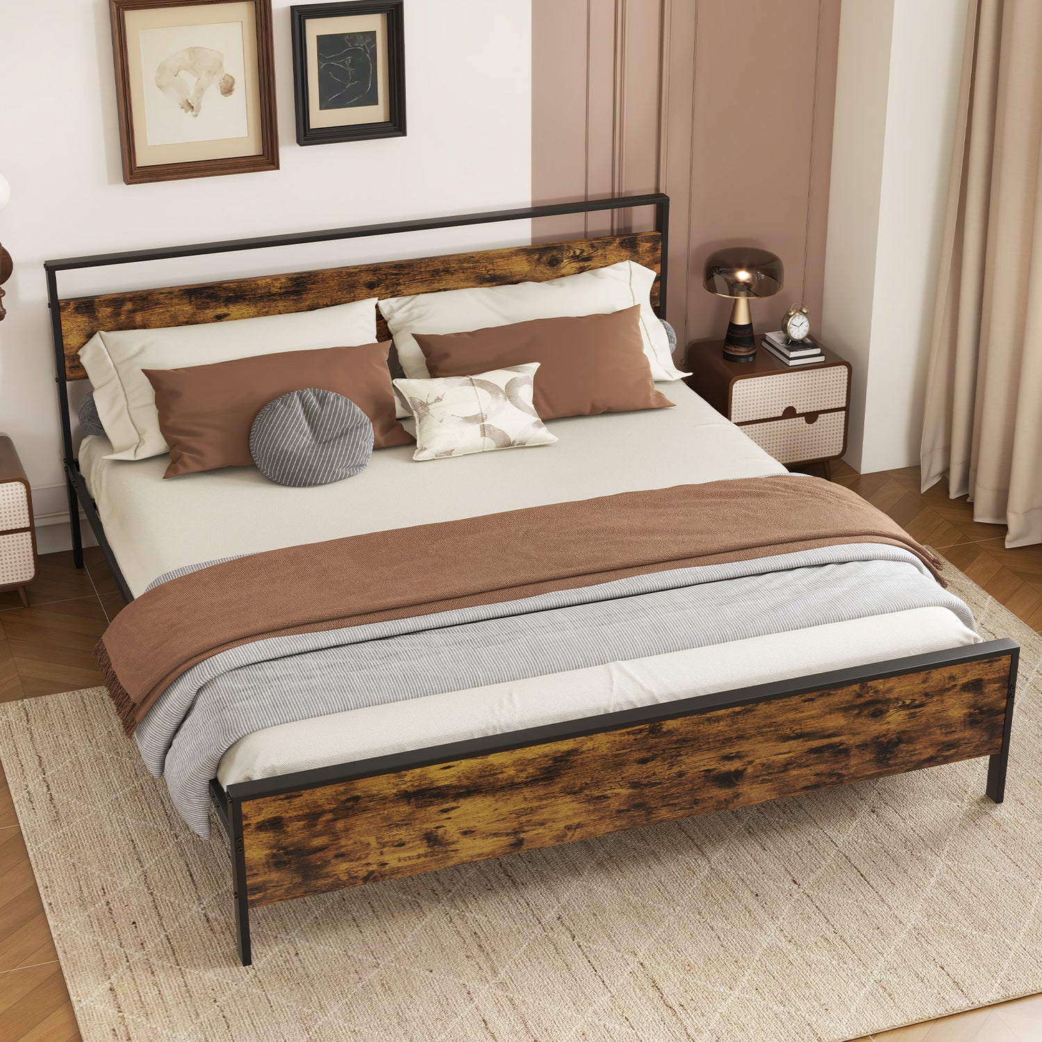 Twin Metal Bed Frame Industrial Platform Bed with Wooden Headboard