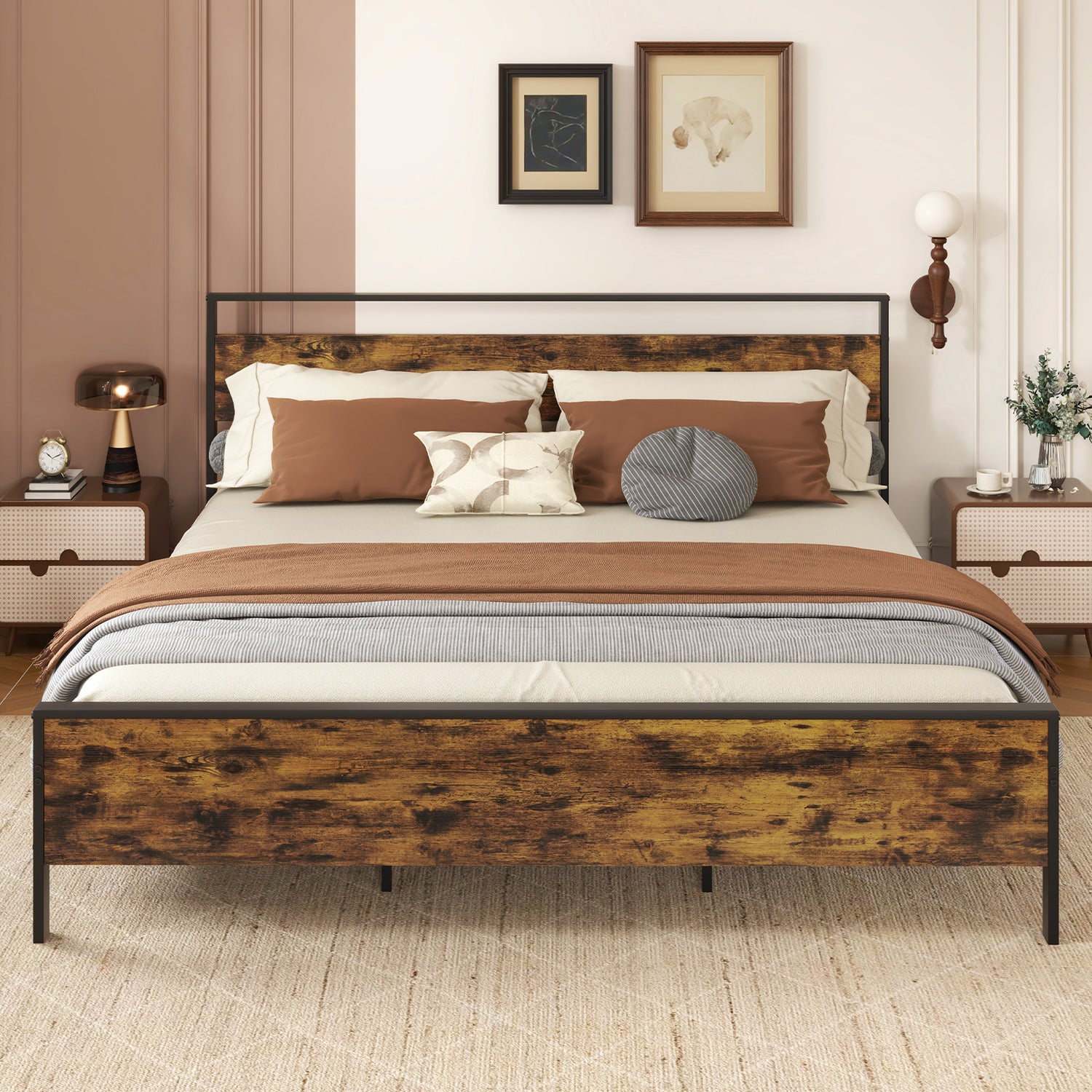 Twin Metal Bed Frame Industrial Platform Bed with Wooden Headboard