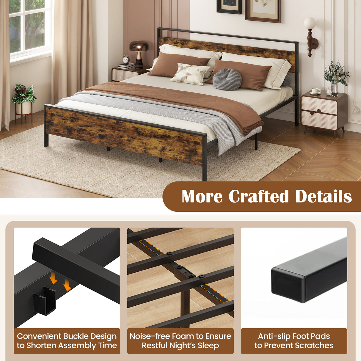 Twin Metal Bed Frame Industrial Platform Bed with Wooden Headboard