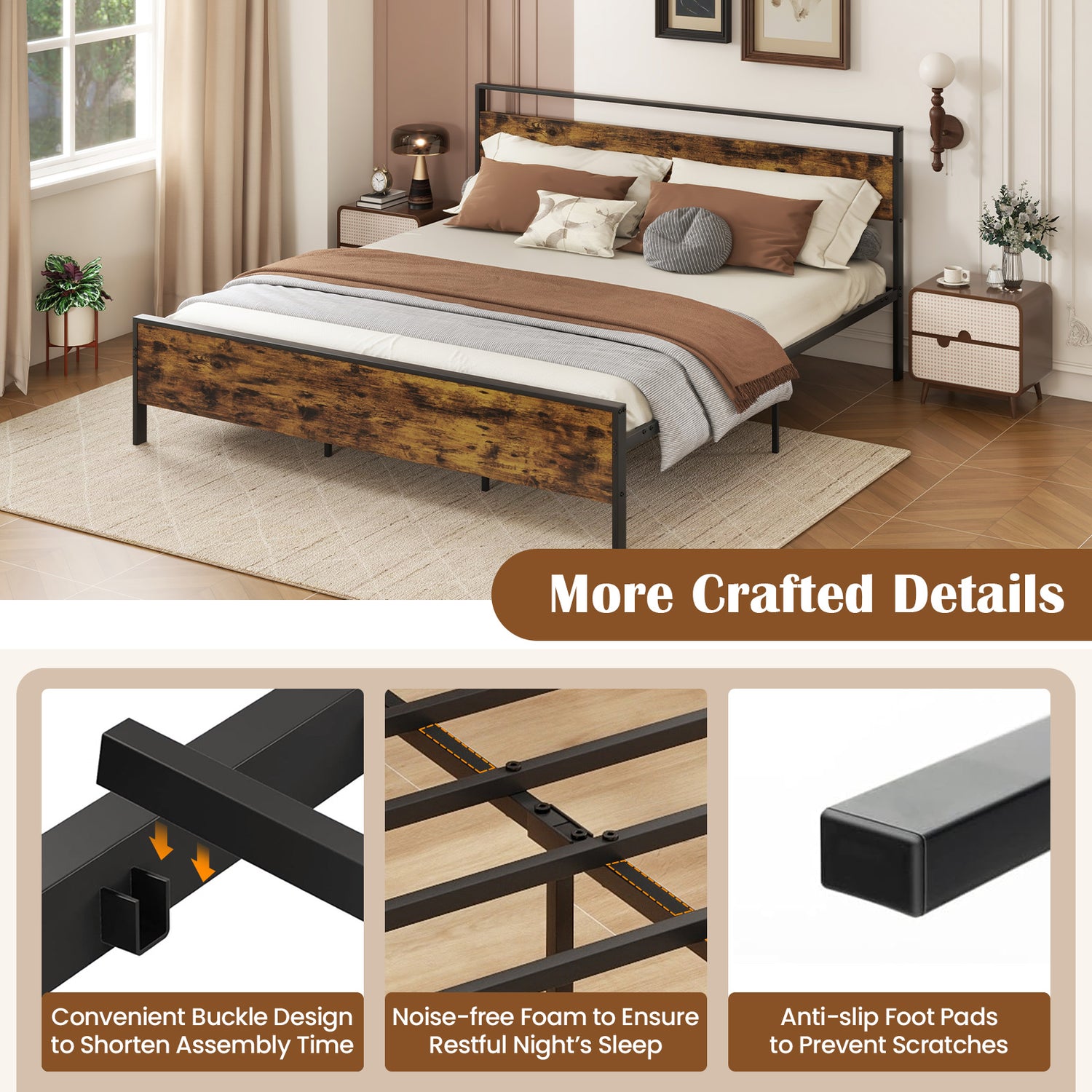 Twin Metal Bed Frame Industrial Platform Bed with Wooden Headboard