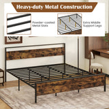 Twin Metal Bed Frame Industrial Platform Bed with Wooden Headboard