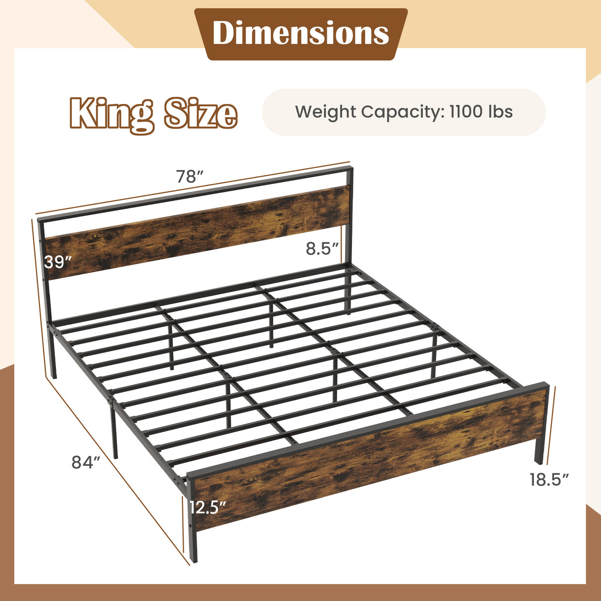 Twin Metal Bed Frame Industrial Platform Bed with Wooden Headboard