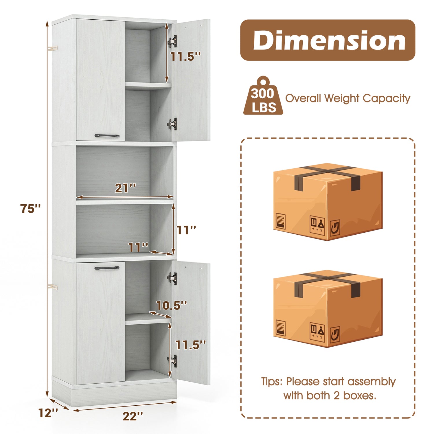75 Inch Kitchen Pantry Cabinet Tall Cupboard with Doors and Shelves