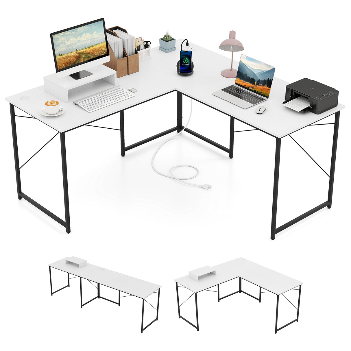 95 Inch 2-Person L-Shaped Long Reversible Computer Desk with Monitor Stand