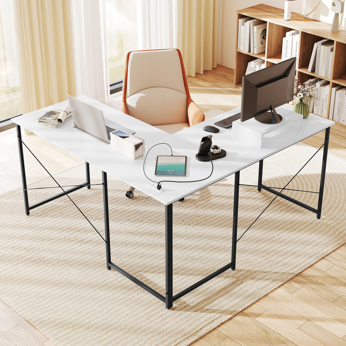 95 Inch 2-Person L-Shaped Long Reversible Computer Desk with Monitor Stand