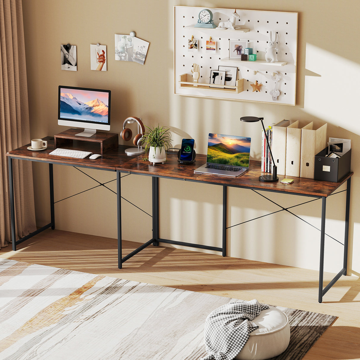 95 Inch 2-Person L-Shaped Long Reversible Computer Desk with Monitor Stand
