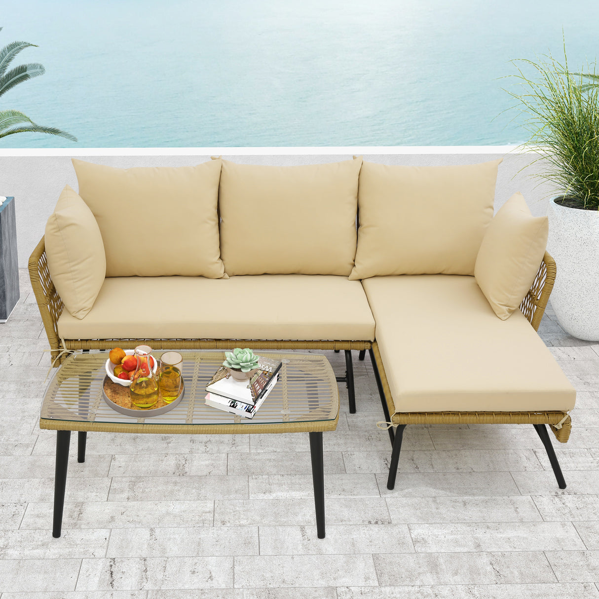 3 Pieces L-Shaped Patio Sofa with Cushions and Tempered Glass Table