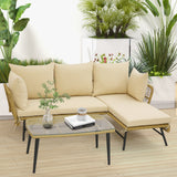 3 Pieces L-Shaped Patio Sofa with Cushions and Tempered Glass Table