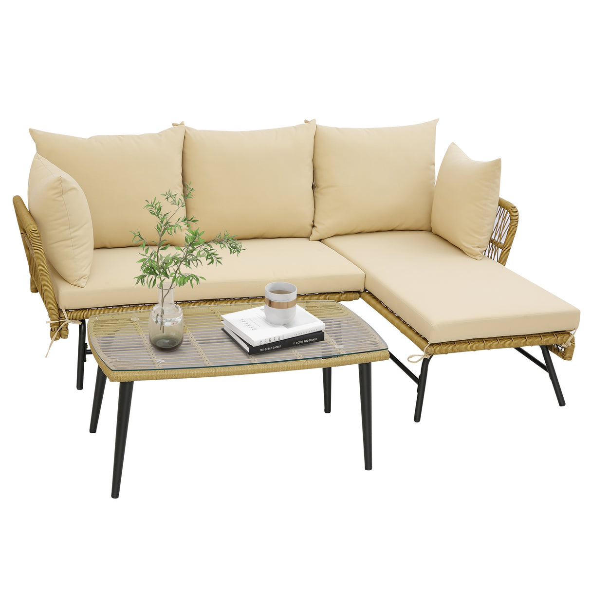 3 Pieces L-Shaped Patio Sofa with Cushions and Tempered Glass Table