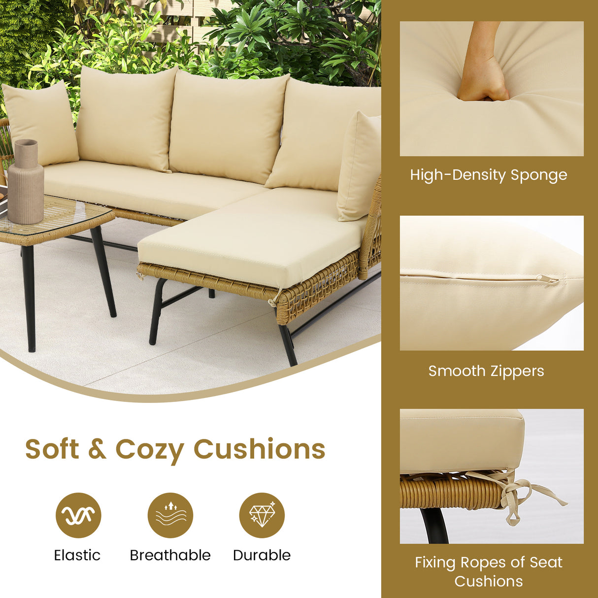 3 Pieces L-Shaped Patio Sofa with Cushions and Tempered Glass Table
