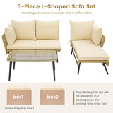 3 Pieces L-Shaped Patio Sofa with Cushions and Tempered Glass Table