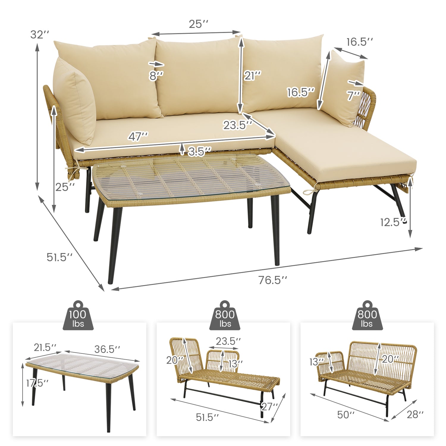 3 Pieces L-Shaped Patio Sofa with Cushions and Tempered Glass Table