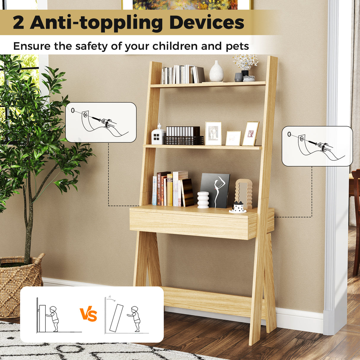 Ladder Shelf Desk Bookcase with Countertop  Drawer and 2 Shelves