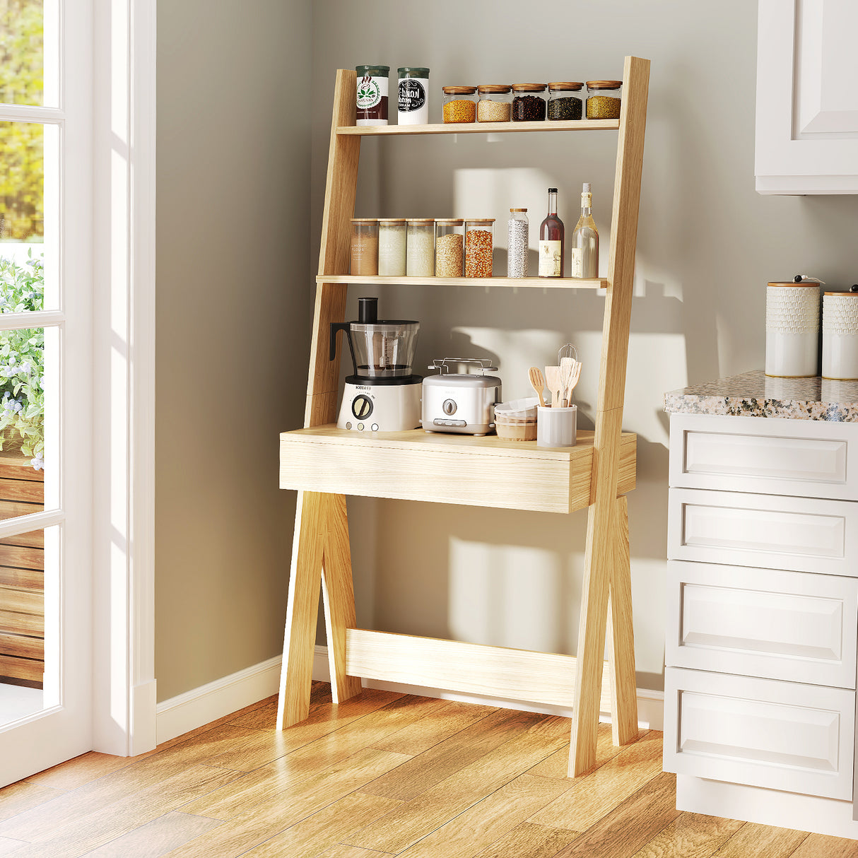 Ladder Shelf Desk Bookcase with Countertop  Drawer and 2 Shelves