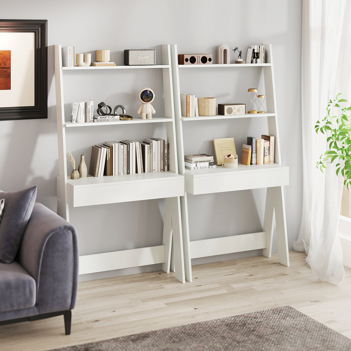 Ladder Shelf Desk Bookcase with Countertop  Drawer and 2 Shelves