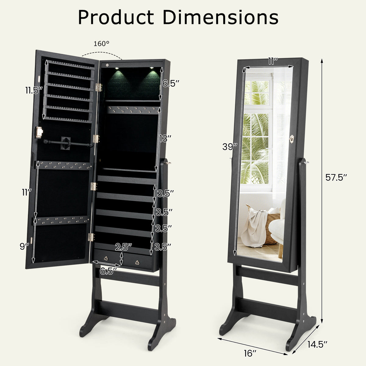 Lockable Freestanding Jewelry Cabinet Armoire with Full-Length Mirror and Lights