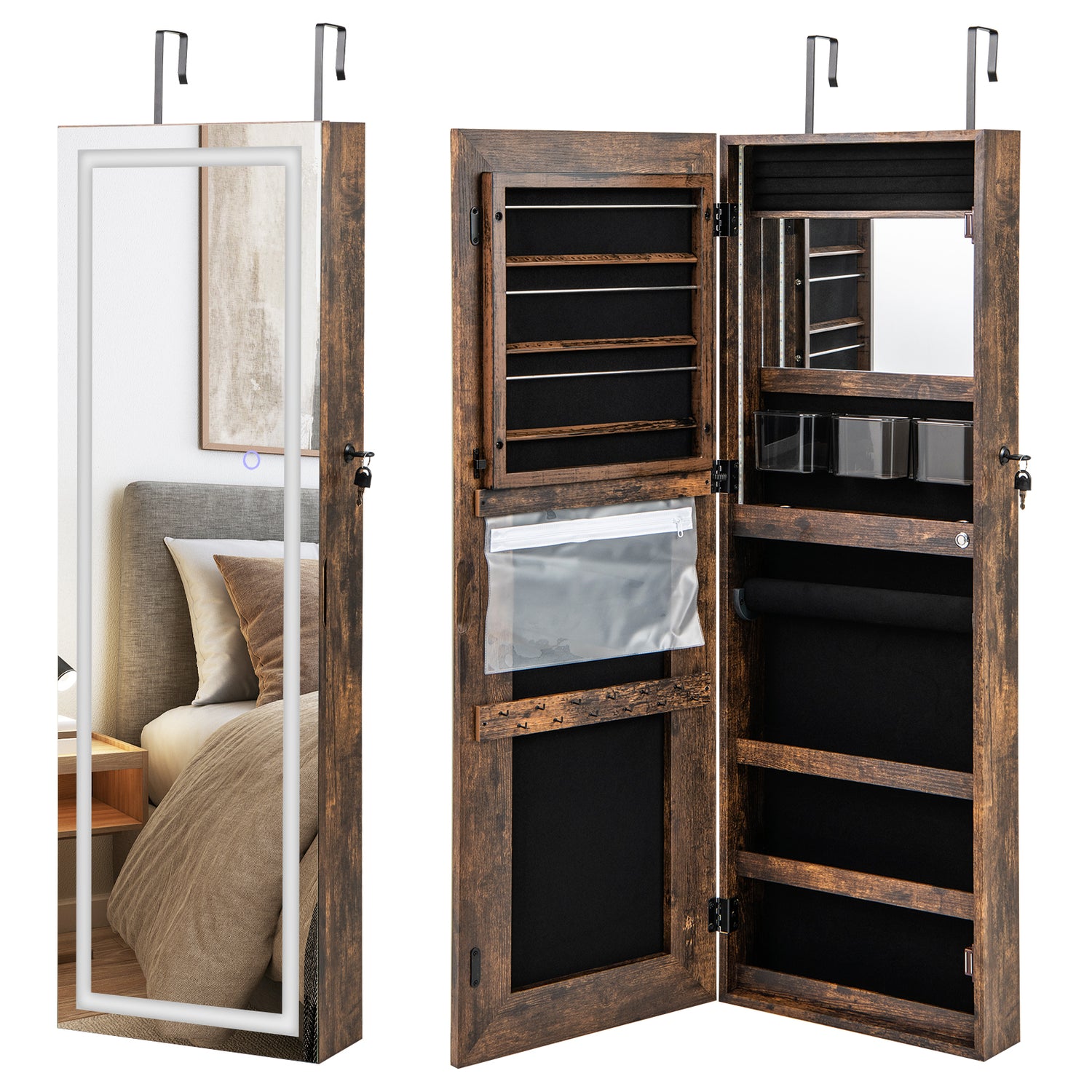 42.5 Inches Lockable Jewelry Mirror Wall Cabinet with 3-Color LED Lights
