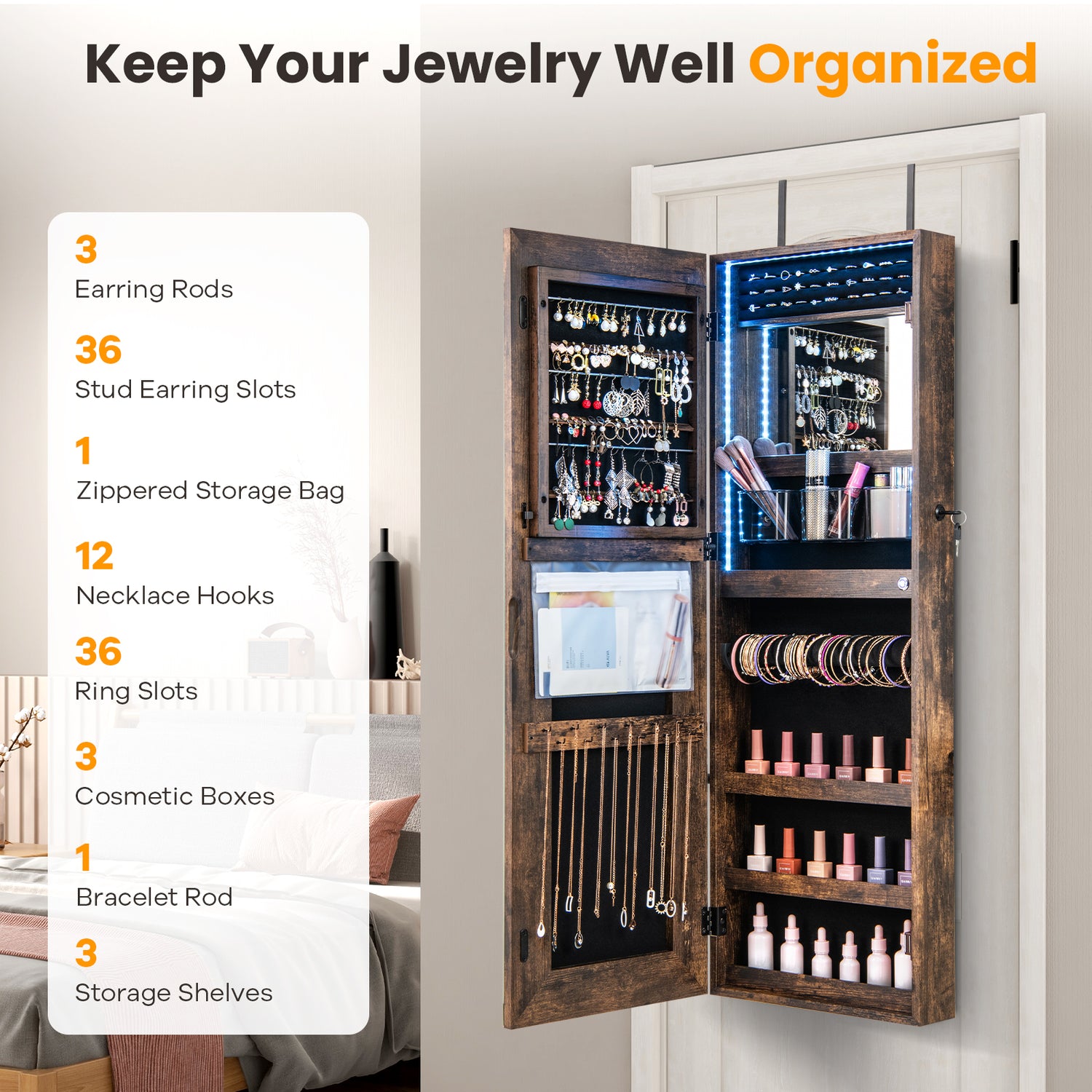 42.5 Inches Lockable Jewelry Mirror Wall Cabinet with 3-Color LED Lights