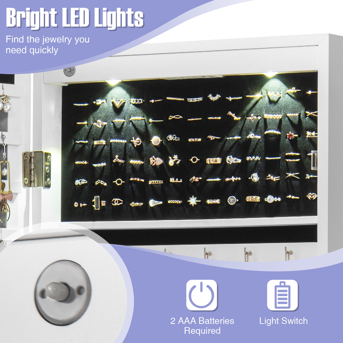 Lockable Wall Mount Mirrored Jewelry Cabinet with LED Lights
