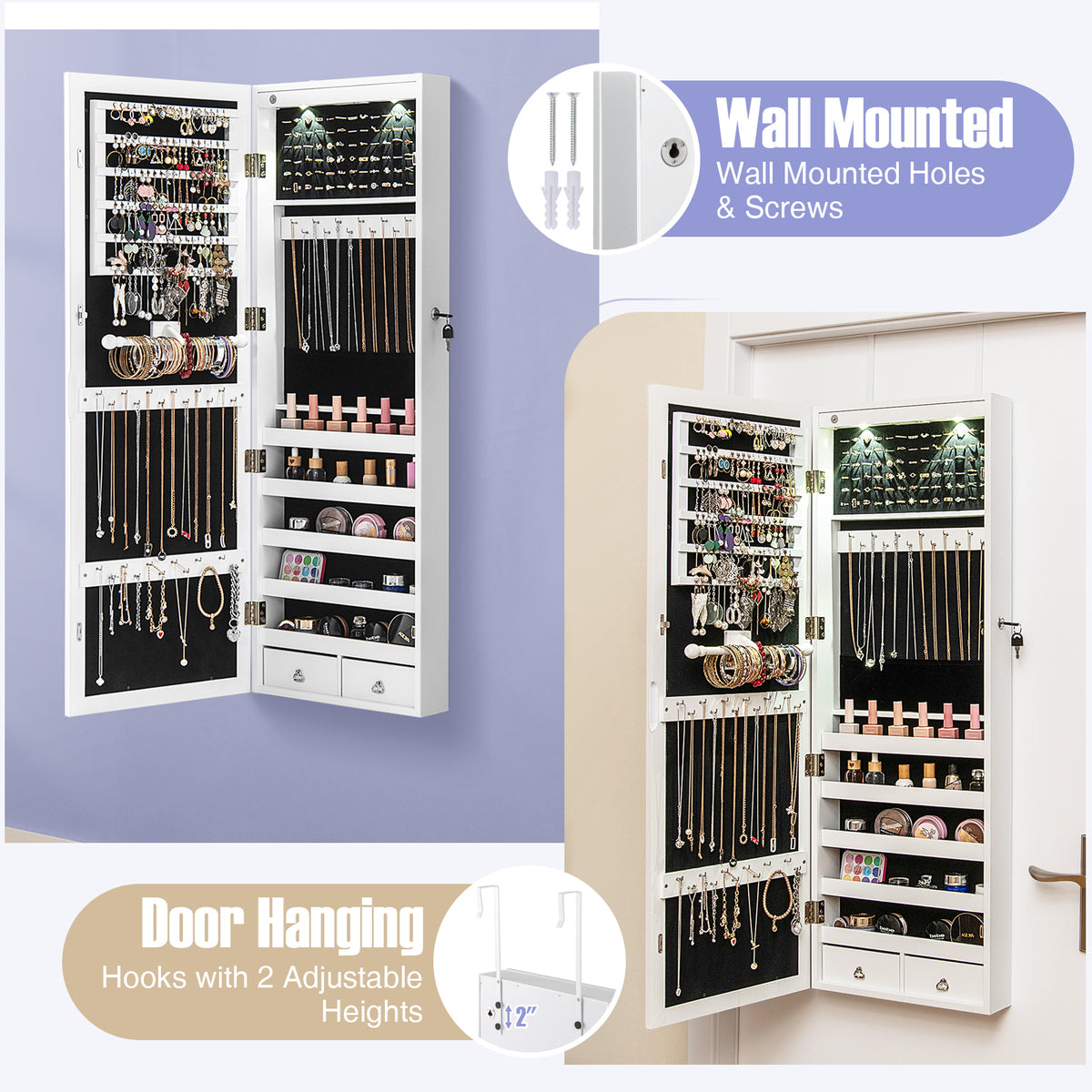 Lockable Wall Mount Mirrored Jewelry Cabinet with LED Lights