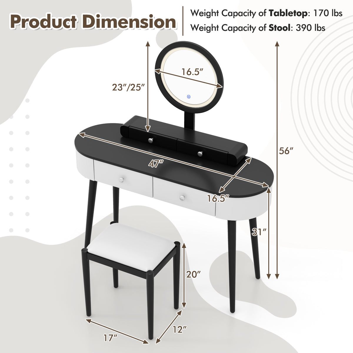 Makeup Vanity Table Set with LED Mirror and 3 Spacious Drawers/Drawers-White/Drawers-Black
