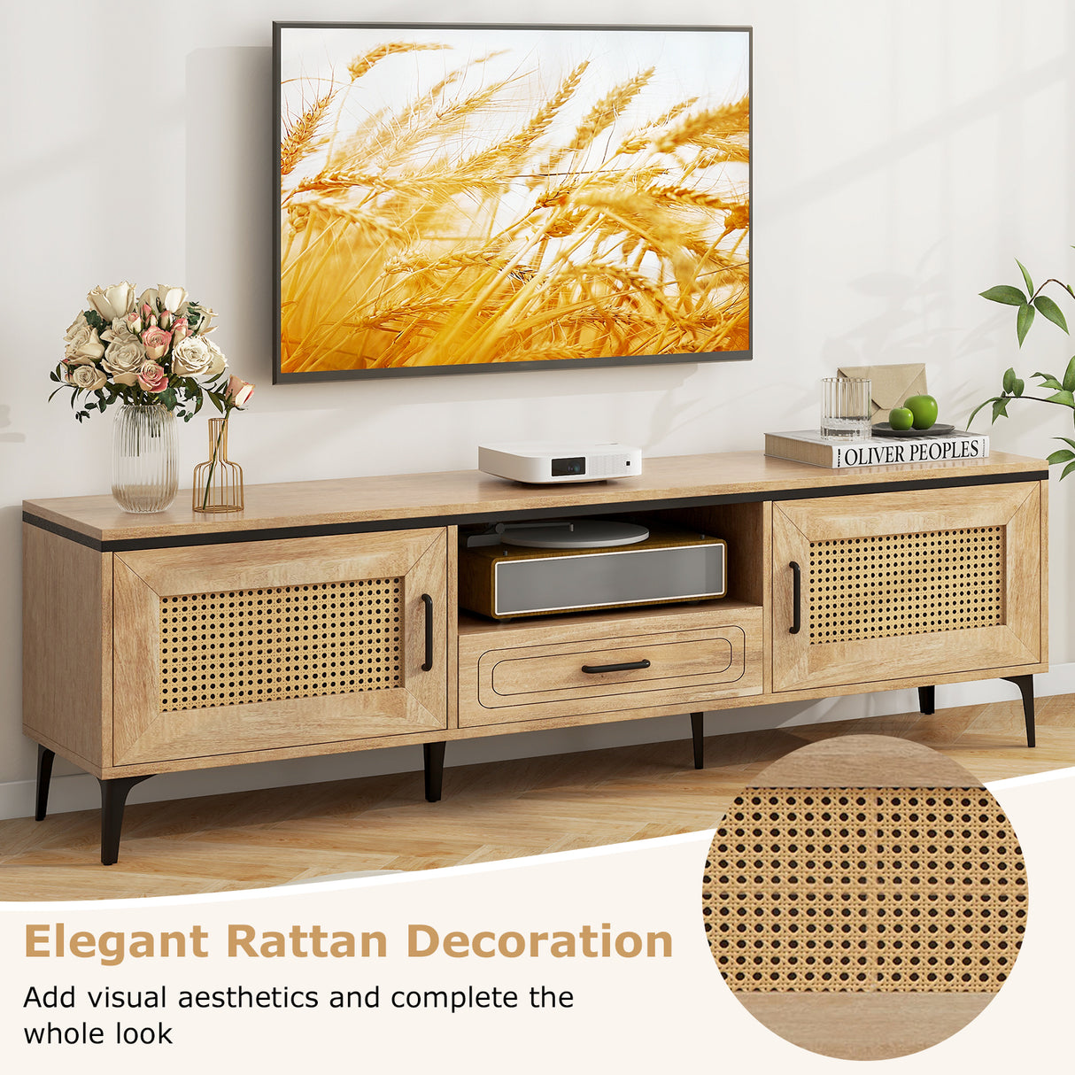 Mid Century Modern Entertainment Center with 2 Cabinets and Storage Drawer-Oak