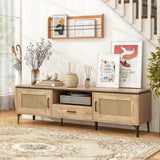 Mid Century Modern Entertainment Center with 2 Cabinets and Storage Drawer-Oak