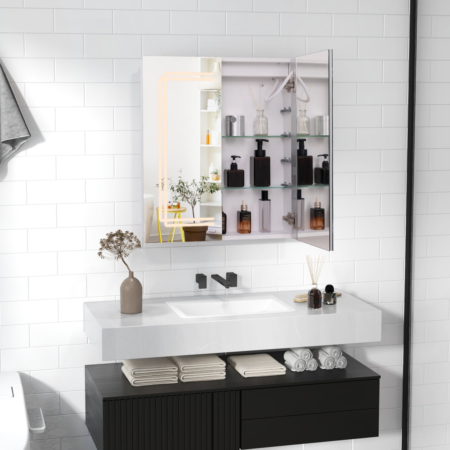 2 Doors Bathroom Mirror Medicine Wall Cabinet with Lights