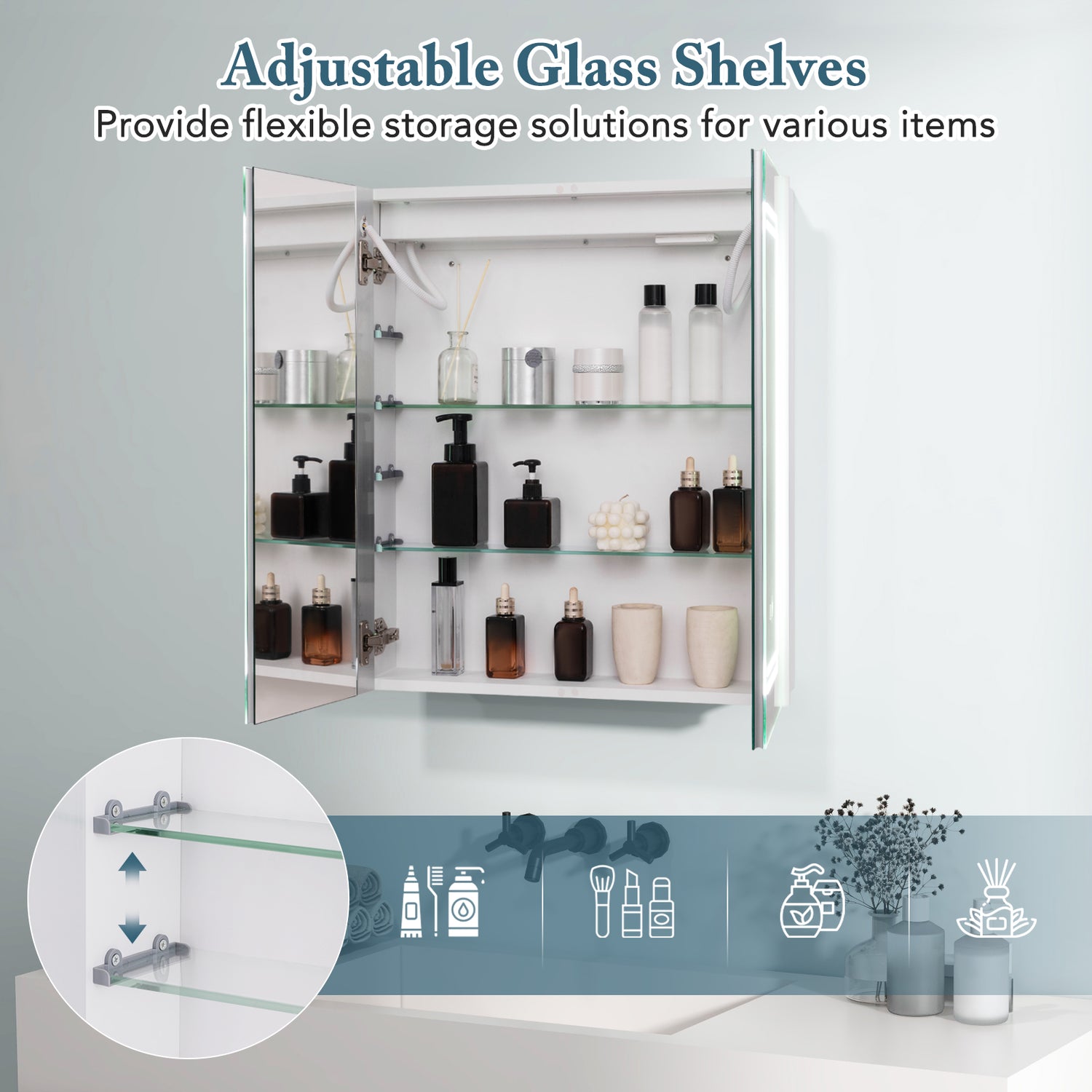 2 Doors Bathroom Mirror Medicine Wall Cabinet with Lights