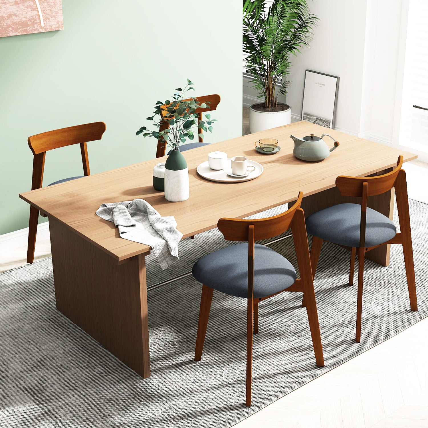 Mid-Century Modern Kitchen Chairs with Rubber Wood Frame and Padded Seat-Walunt